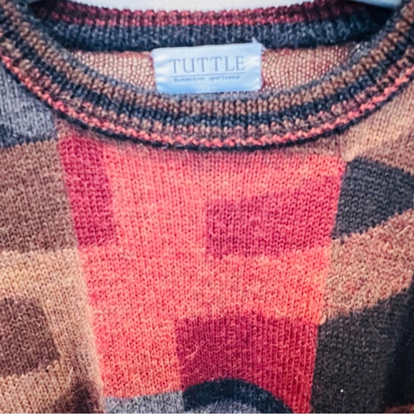 Tuttle 100% Alpaca wool colorful geometric pattern crew neck pullover sweater L - Picture 2 of 9